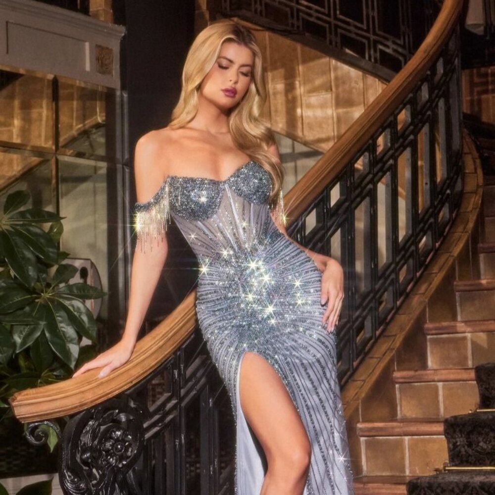 New Off Shoulder Sheath Sparkling Rhinestones Embellished Prom Dress CD CC324